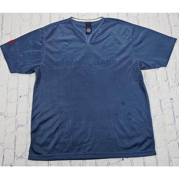 Vintage Tommy Hilfiger Tommy Jeans Blue Mesh Shirt Jersey Retro 90s MENS SZ L - Picture 1 of 10